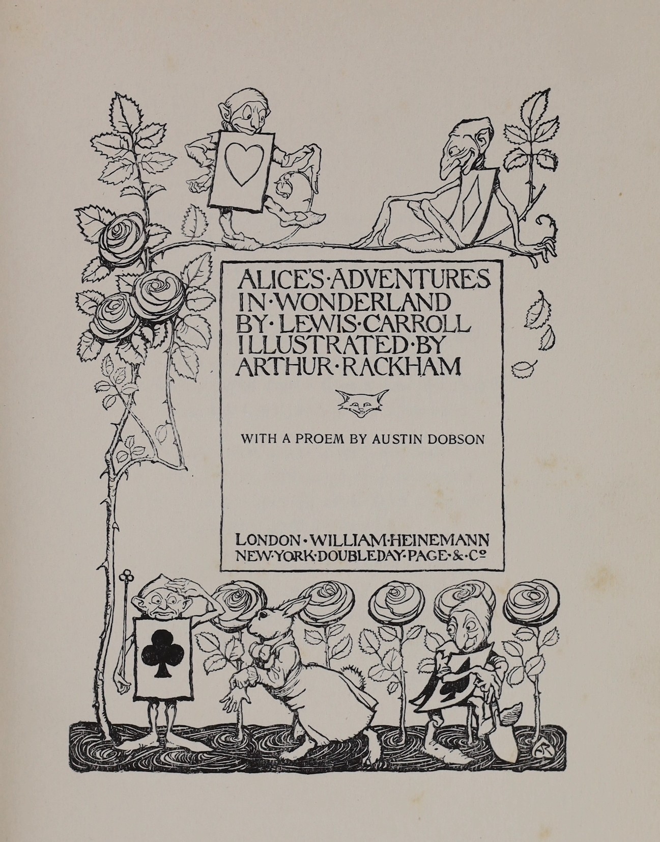 Rackham, Arthur - Rare Early Dustwrapper - Carroll, Lewis - Alice’s Adventures in Wonderland, 1st illustrated edition by Arthur Rackham, 8vo, original green cloth with black lettering and a gilt vignette of a dancing gri